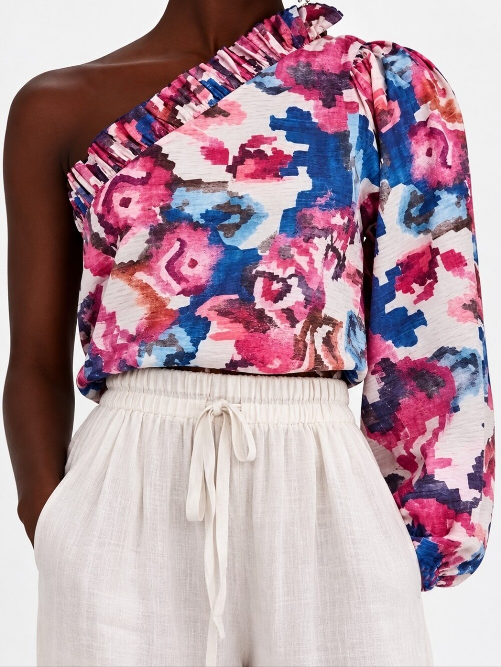 NWT Chufy Organic One Shoulder Colorful Pink Vera Blue Alin Ruffle Top, XS